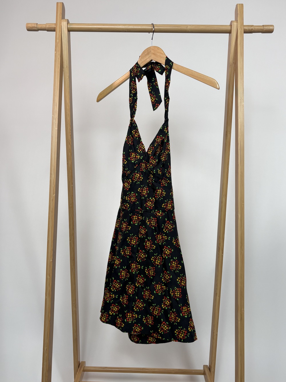 PF-1487 Vintage Black Halter Top with Red and Yellow Flowers